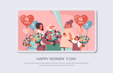 happy women with flowers and air balloons making selfie photo womens day 8 march holiday celebration concept smartphone screen copy space horizontal portrait vector illustration