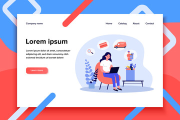 Woman using laptop for food delivery order. Flat vector illustration for online grocery store, ecommerce, shop application concept