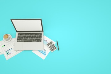 Workplace with financial charts, laptop and calculator. 3d rendering
