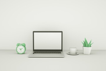 Business background and minimal idea concept. Laptop, coffee, plant and alarm clock on desk in office. 3D Render.
