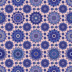 Geometric abstract blue floral ornament mandala flower seamless vector pattern traditional design