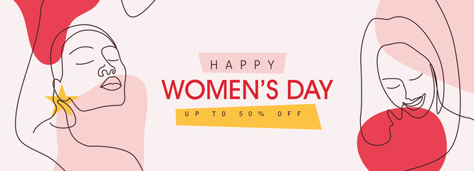 Obraz premium Women's Day sale banner. International women's Day greeting card template. Postcard on March 8.