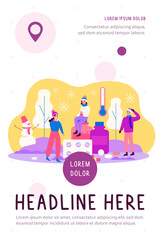 People feeling sick due to low temperature outside, suffering from cold allergy. Characters in warm clothes standing near pills outdoors. Vector illustration for winter, pharmacy, treatment concepts