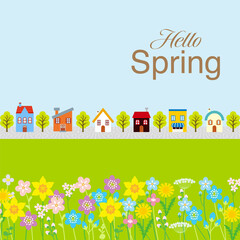 Springtime townscape, cute cartoon style - Aspect ratio of square, Included greeting word "Hello Spring"
