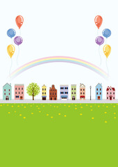Naklejka premium Old style townscape with balloons and rainbow - vertical ratio