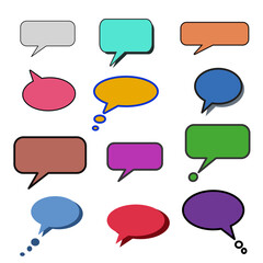 Set different dialog box, frame, speech balloon bubble colorful red violet yellow blue color in black line frame on grey background, Empty blank comment Talk chat speak message vector