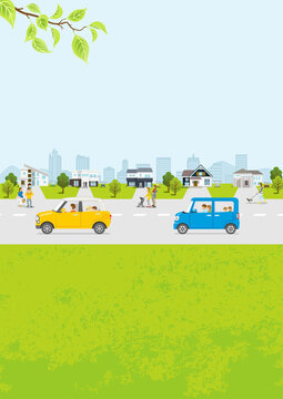 People and car in the residential area, Springtime townscape - vertical ratio