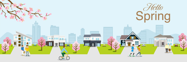 People in the residential area townscape, Blooming cherry blossoms - Banner ratio, Included greeting word 