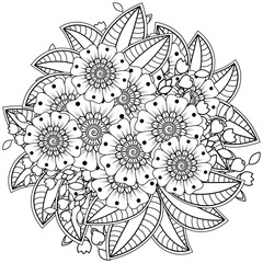 Mehndi flower for henna, mehndi, tattoo, decoration. decorative ornament in ethnic oriental style. doodle ornament. outline hand draw illustration. coloring book page.