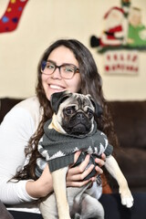 Adorable Pug, pulls the hair of a young woman