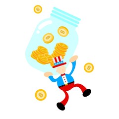 uncle sam america and money coin jar cartoon doodle flat design style vector illustration