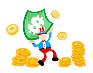 uncle sam america and dollar shield business money protection cartoon doodle flat design style vector illustration