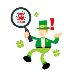 leprechaun shamrock celtic find hack attack protection system cartoon doodle flat design style vector illustration