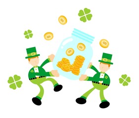 leprechaun shamrock celtic and money coin jar cartoon doodle flat design style vector illustration