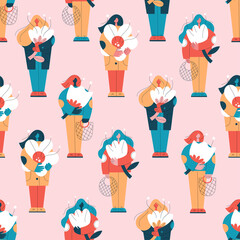 Seamless pattern background of various women standing and holding oversized flowers. Colorful diverse female figures illustration.

