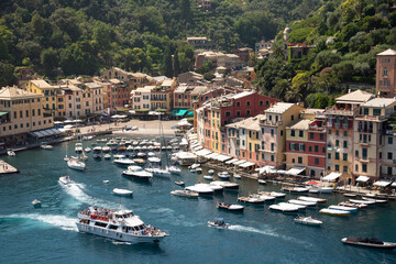 Fototapeta na wymiar Italy, Genoa province, Portofino. Upscale fishing village on the Ligurian Sea, pastel buildings overlooking harbor