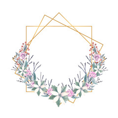 Winter watercolor in a gold polygonal frame with sprigs of snow berries and poinsettia flowers. Hand-drawn illustration. For invitations, greeting cards, prints, posters, advertising.