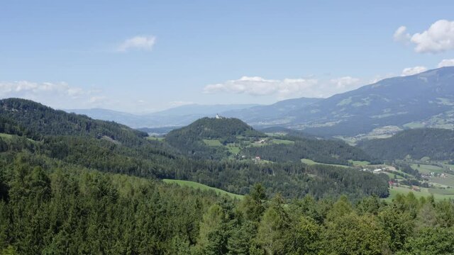 Aerial Drone View of Mountain and Forest Landscape with Prairie in Austria