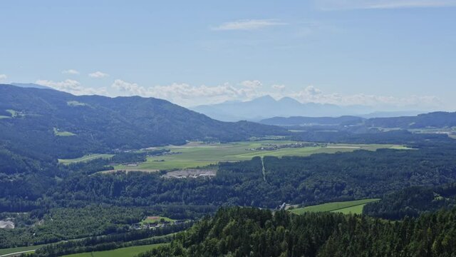 Panoramic Overview of Dense Forests in Austria with Mountain Background - Aerial View