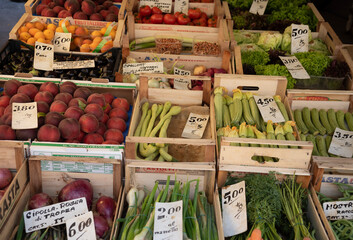 Italy, Genoa Province, Rapallo. Fruits and vegetables for sale in outdoor market