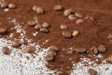 Coffee beans on the blended coffee or cocoa powder