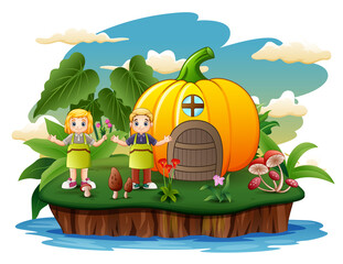 Cartoon happy children with pumpkin house on the island