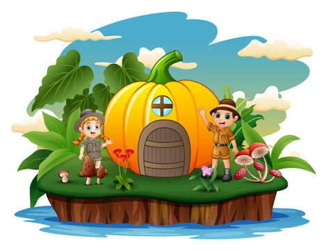 Cartoon the scouts children with pumpkin house on the island