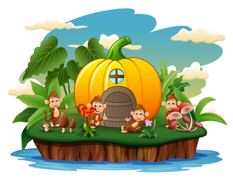 An pumpkin house with four monkeys on the island