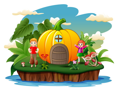 Cartoon happy children with pumpkin house on the island