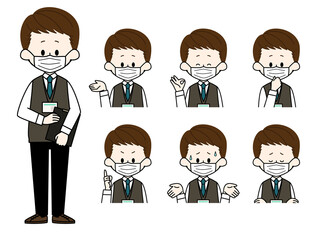 マスクをしている男性職員の表情セット