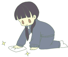 床を拭き掃除する少女