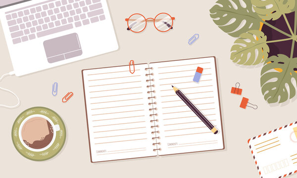 Open diary, planner or notebook concept. Top view workplace with lists, reminders, schedules or agendas. Effective personal planning and organization. Vector illustration in flat cartoon style.