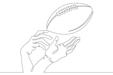 American football. Hands reach for the football and rugby ball in the game. Throwing and catching the ball. One continuous drawing line  logo single hand drawn art doodle isolated minimal illustration