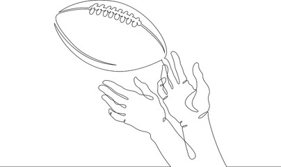 American football. Hands reach for the football and rugby ball in the game. Throwing and catching the ball. One continuous drawing line  logo single hand drawn art doodle isolated minimal illustration