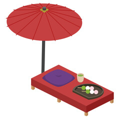 和傘とベンチとお団子の和風な休憩所のベクターラスト(アイソメトリック、アイソメ)