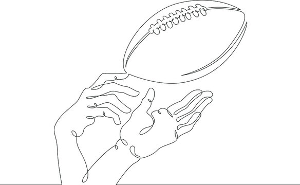 recommend clip art: American football. Hands reach for the football and rugby ball in the game. Throwing and catching the ball. One continuous drawing line  logo single hand drawn art doodle isolated minimal illustration