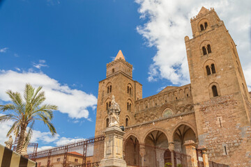 Fototapeta na wymiar Italy, Sicily, Palermo Province, Cefalu. Exterior view of the towers of the Cefalu Cathedral, a UNESCO World Heritage site.