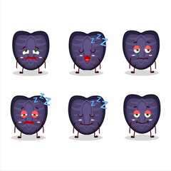 Cartoon character of slice of black strawberry with sleepy expression