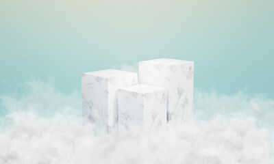 White marble podium with clouds around it. scene for showcase, Minimal design, Product Stand, 3D rendering