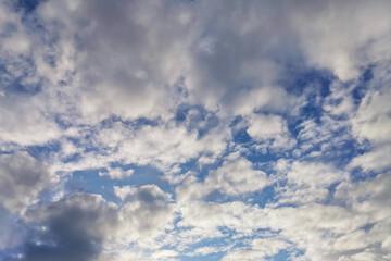 Obraz premium White fluffy volumetric cumulus clouds against a bright blue sky. Beautiful natural sky background. Sky backdrop for your photos