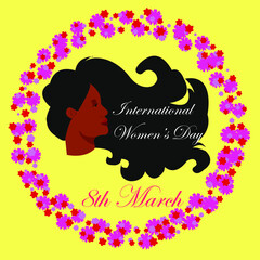 International women's day 8th March with beautiful woman and flowers wreath 