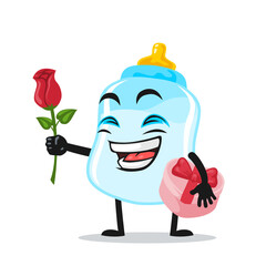vector illustration of pacifier mascot or character give flower and holding pink gift