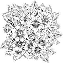 Mehndi flower for henna, mehndi, tattoo, decoration. decorative ornament in ethnic oriental style. doodle ornament. outline hand draw illustration. coloring book page.