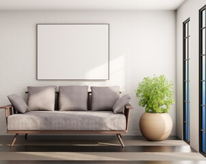 Frame for pictures above couch in cozy interior. Morning sunlight and home plant on a floor. 3D rendering.