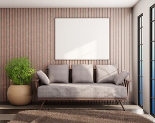 Frame on a wall for pictures and lettering. Poster template in sunlight. Interior with couch and home plant. 3D rendering.