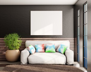 Poster template on a black wall in room with couch and home plant. Windows with sunlight. 3D rendering.