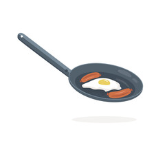 Fried eggs with sausages in a frying pan. Classic light breakfast . Two sausages and an egg. Vector illustration. Flat style. Isolated element