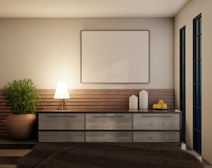 Empty frame in night interior with lamp and table. Home plant on a wooden floor. 3D rendering.