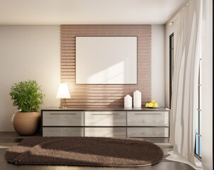 Empty poster template on a wall with horizontal plank. Table and home plant. Curtain on a window. 3D rendering.