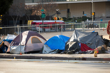 A homeless encampment sits on a street in Downtown Los Angeles, California, USA. - obrazy, fototapety, plakaty